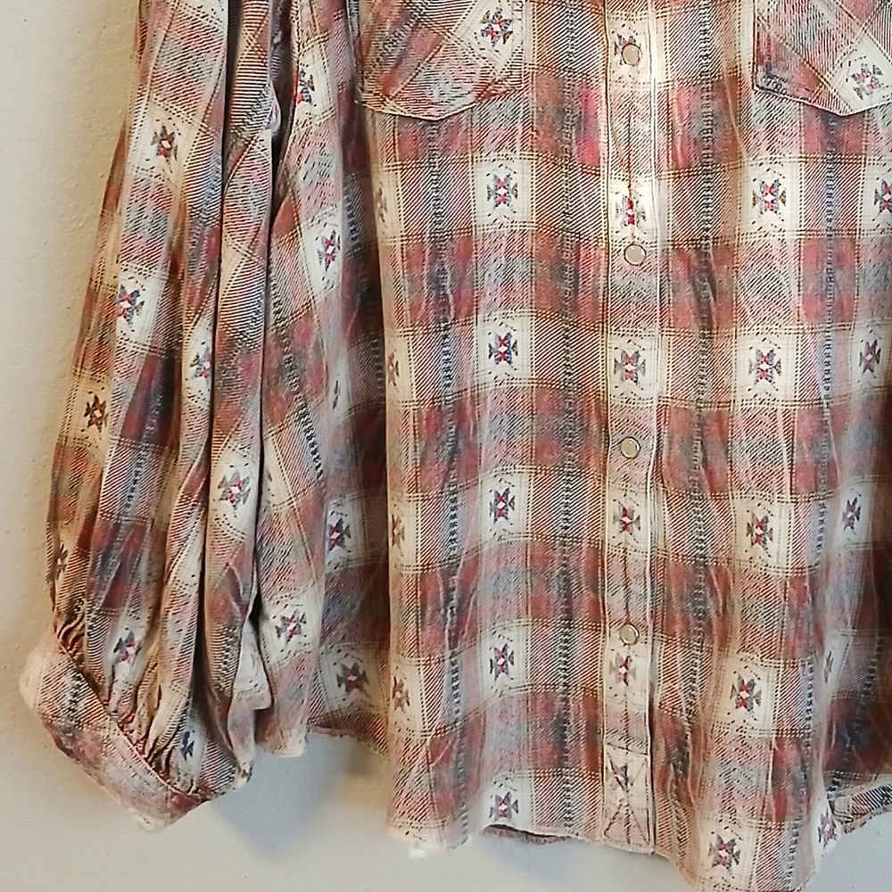 Ivy Jane Multicolor Plaid Shirt Pearl Snap Balloon Sleeves Size Large Western - Picture 4 of 12